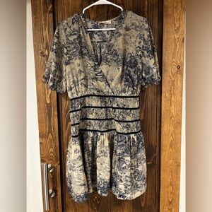 Entro Toile Dress Short Sleeve Velvet Trim Medium Army Green